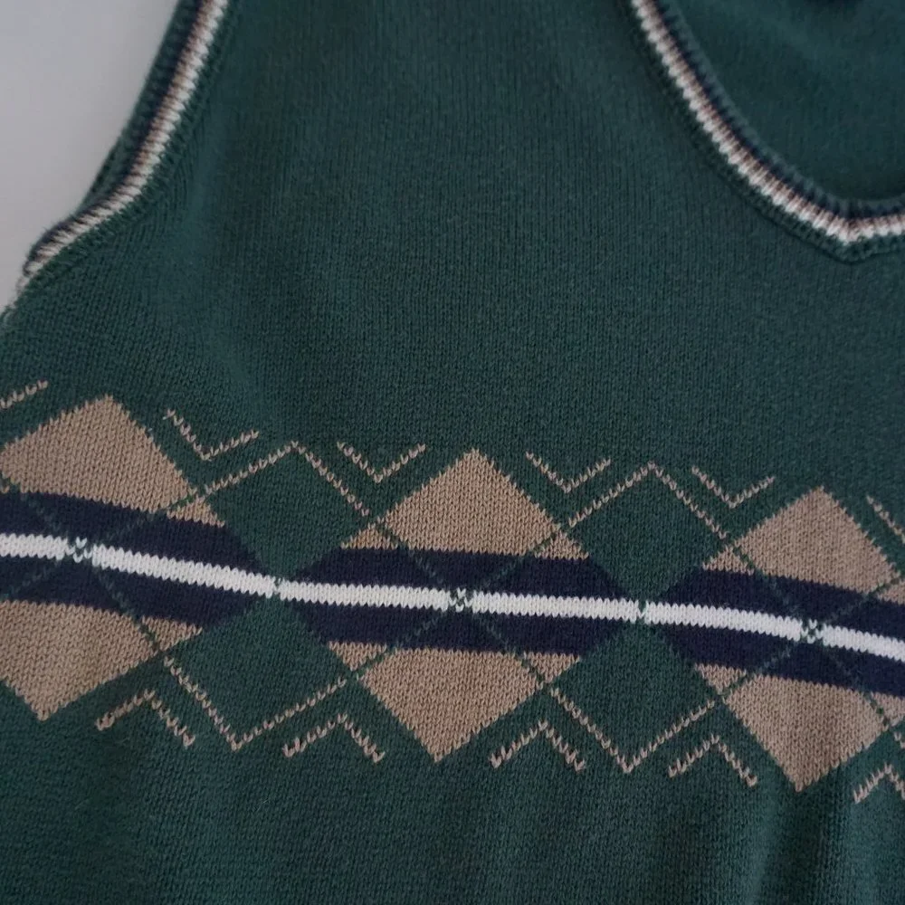Vintage 90s Steve Strickland fairway sportswear green cotton knit v-neck Vest XL - Picture 6 of 8